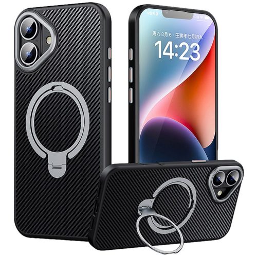 For iPhone 16 Case Compatible with MagSafe PC+TPU Phone Cover Ring Holder Carbon Fiber Texture - Black  /  Silver