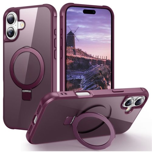 For iPhone 16 Case Compatible with MagSafe Ring Holder Kickstand TPU+PC Phone Cover - Wine Red