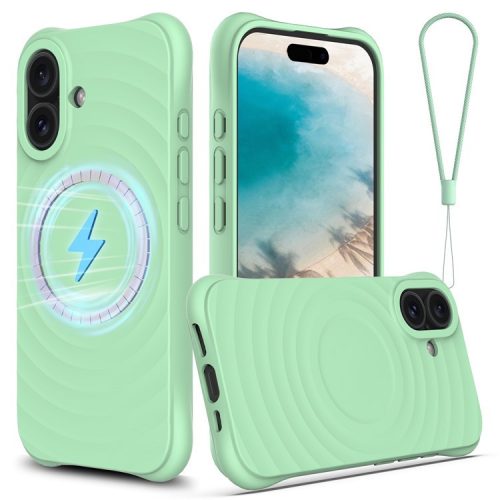 For iPhone 16 Case Compatible with MagSafe Ripple Texture Liquid Silicone Protective Cover with Strap - Green