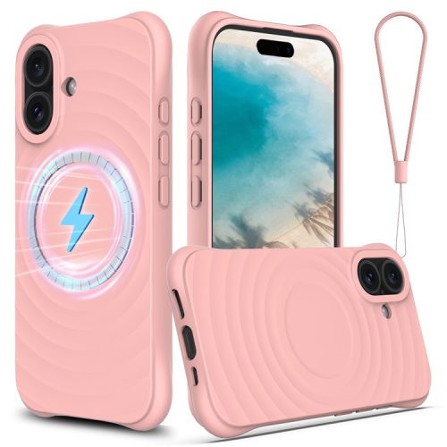 For iPhone 16 Case Compatible with MagSafe Ripple Texture Liquid Silicone Protective Cover with Strap - Pink