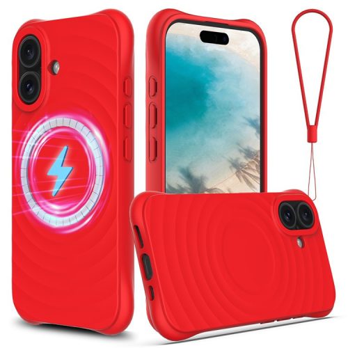 For iPhone 16 Case Compatible with MagSafe Ripple Texture Liquid Silicone Protective Cover with Strap - Red