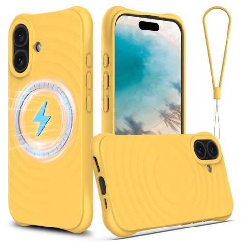 For iPhone 16 Case Compatible with MagSafe Ripple Texture Liquid Silicone Protective Cover with Strap - Yellow