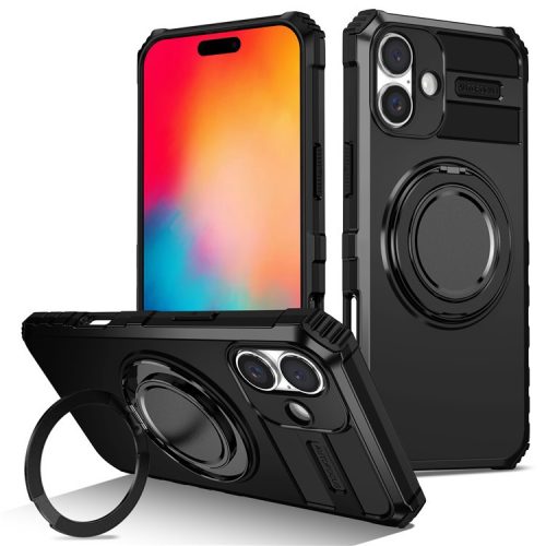 For iPhone 16 Case Compatible with MagSafe Rotary Kickstand Anti-Drop TPU+PC Phone Cover - Black