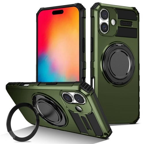 For iPhone 16 Case Compatible with MagSafe Rotary Kickstand Anti-Drop TPU+PC Phone Cover - Blackish Green