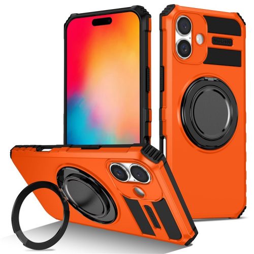 For iPhone 16 Case Compatible with MagSafe Rotary Kickstand Anti-Drop TPU+PC Phone Cover - Orange