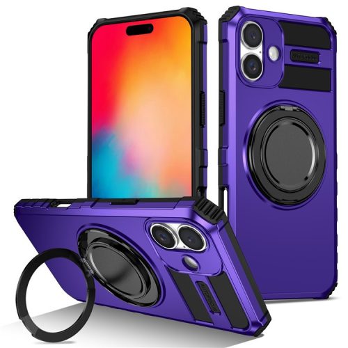 For iPhone 16 Case Compatible with MagSafe Rotary Kickstand Anti-Drop TPU+PC Phone Cover - Purple