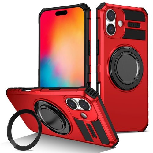 For iPhone 16 Case Compatible with MagSafe Rotary Kickstand Anti-Drop TPU+PC Phone Cover - Red