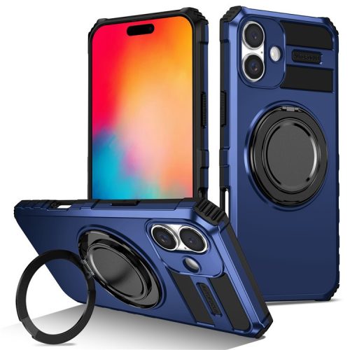 For iPhone 16 Case Compatible with MagSafe Rotary Kickstand Anti-Drop TPU+PC Phone Cover - Sapphire