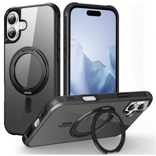 For iPhone 16 Case Compatible with MagSafe Rotatable Ring Kickstand TPU+PC Phone Cover - Black