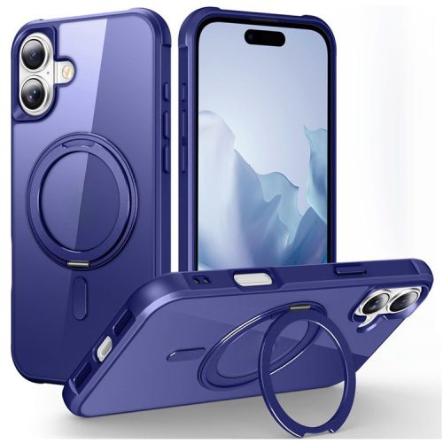 For iPhone 16 Case Compatible with MagSafe Rotatable Ring Kickstand TPU+PC Phone Cover - Blue