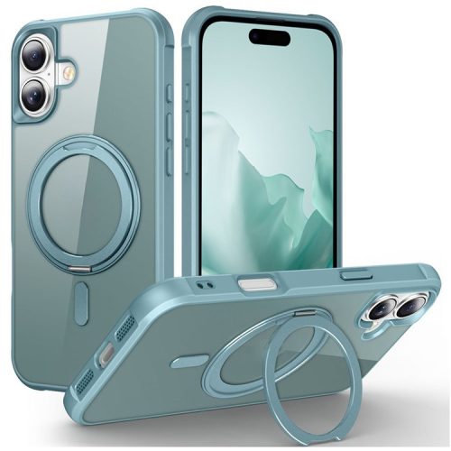 For iPhone 16 Case Compatible with MagSafe Rotatable Ring Kickstand TPU+PC Phone Cover - Lake Blue