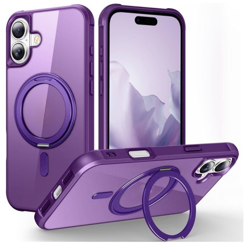 For iPhone 16 Case Compatible with MagSafe Rotatable Ring Kickstand TPU+PC Phone Cover - Purple