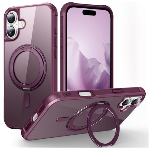 For iPhone 16 Case Compatible with MagSafe Rotatable Ring Kickstand TPU+PC Phone Cover - Wine Red