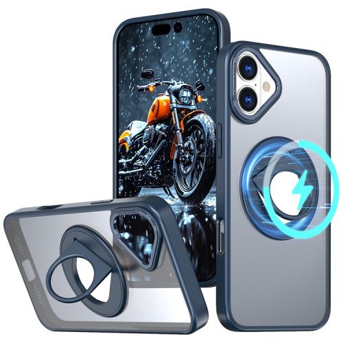 For iPhone 16 Case Compatible with MagSafe Rotating Kickstand TPU+PC Clear Back Phone Cover - Navy Blue