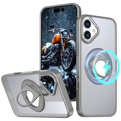 For iPhone 16 Case Compatible with MagSafe Rotating Kickstand TPU+PC Clear Back Phone Cover - Titanium Grey