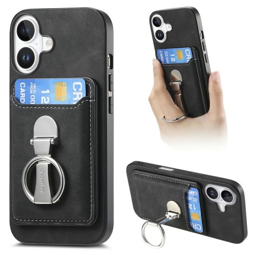 For iPhone 16 Case Compatible with MagSafe Skin-Touch Cover with Card Bag Kickstand - Black