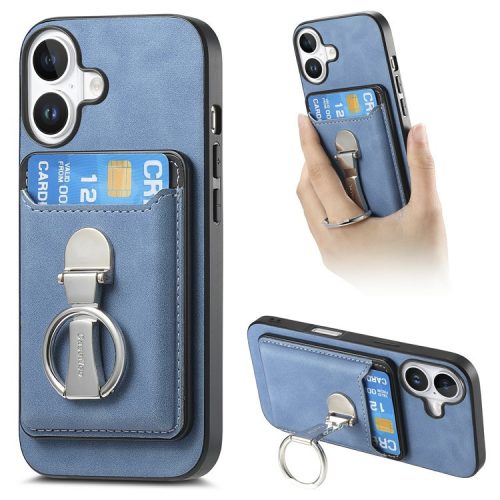 For iPhone 16 Case Compatible with MagSafe Skin-Touch Cover with Card Bag Kickstand - Blue