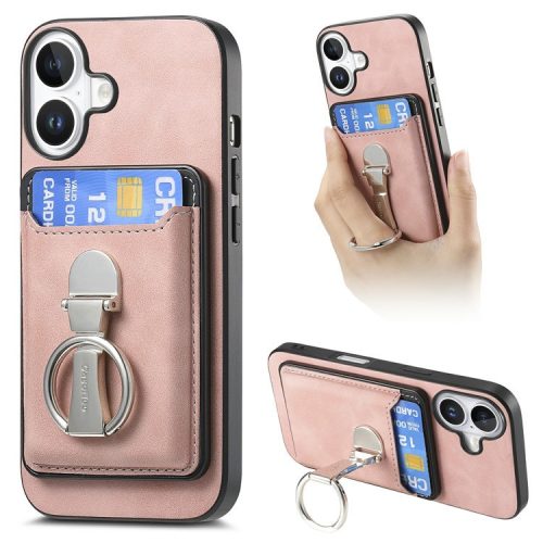 For iPhone 16 Case Compatible with MagSafe Skin-Touch Cover with Card Bag Kickstand - Pink