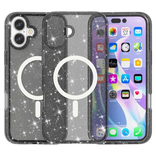 For iPhone 16 Case Compatible with MagSafe Sparkly Glitter PC+TPU Phone Cover - Black