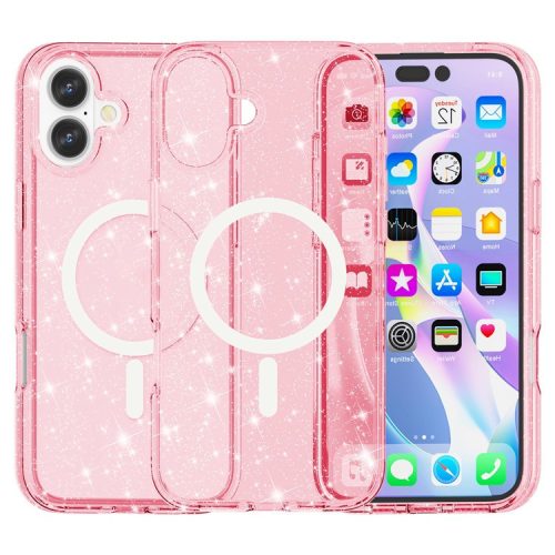 For iPhone 16 Case Compatible with MagSafe Sparkly Glitter PC+TPU Phone Cover - Pink