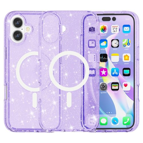 For iPhone 16 Case Compatible with MagSafe Sparkly Glitter PC+TPU Phone Cover - Purple