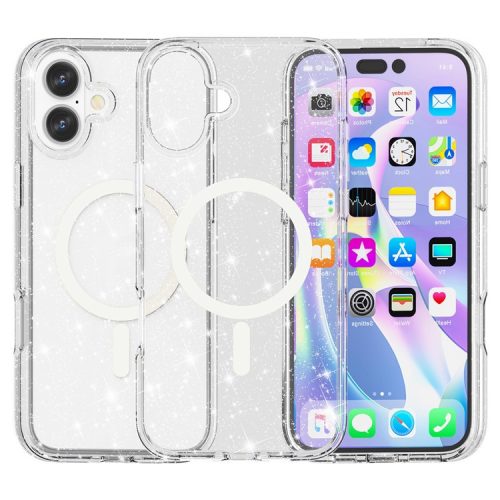 For iPhone 16 Case Compatible with MagSafe Sparkly Glitter PC+TPU Phone Cover - White