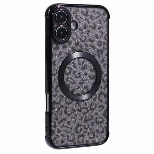 For iPhone 16 Case Compatible with MagSafe Sparkly Leopard Print Clear TPU Phone Cover - Black