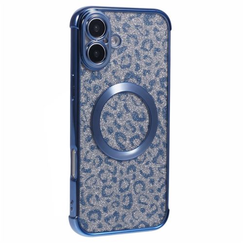 For iPhone 16 Case Compatible with MagSafe Sparkly Leopard Print Clear TPU Phone Cover - Blue