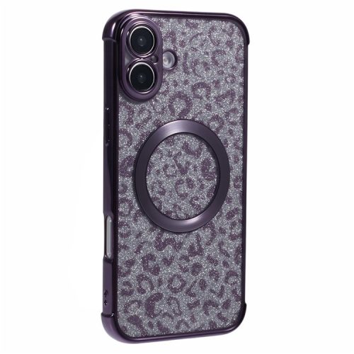 For iPhone 16 Case Compatible with MagSafe Sparkly Leopard Print Clear TPU Phone Cover - Dark Purple