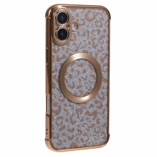 For iPhone 16 Case Compatible with MagSafe Sparkly Leopard Print Clear TPU Phone Cover - Gold