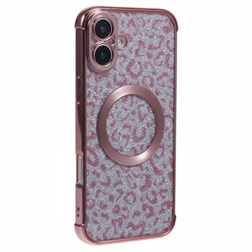 For iPhone 16 Case Compatible with MagSafe Sparkly Leopard Print Clear TPU Phone Cover - Rose Pink