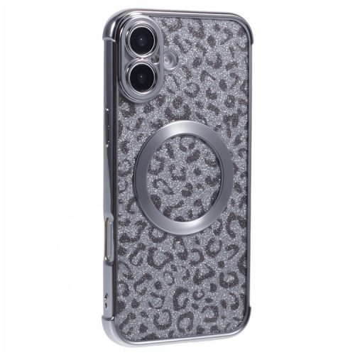 For iPhone 16 Case Compatible with MagSafe Sparkly Leopard Print Clear TPU Phone Cover - Silver