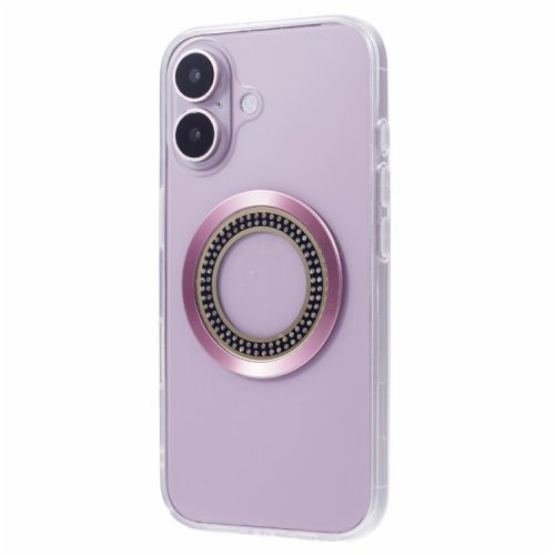 For iPhone 16 Case Compatible with MagSafe TPU+Acrylic Shockproof Phone Cover Rhinestone Decor - Pink