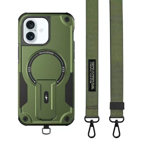 For iPhone 16 Case Compatible with MagSafe TPU+PC Kickstand Phone Cover with Strap - Army Green