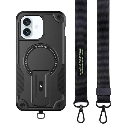 For iPhone 16 Case Compatible with MagSafe TPU+PC Kickstand Phone Cover with Strap - Black