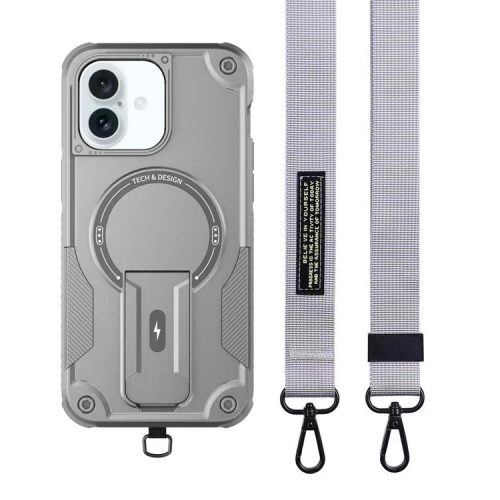 For iPhone 16 Case Compatible with MagSafe TPU+PC Kickstand Phone Cover with Strap - Grey