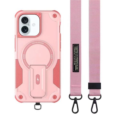 For iPhone 16 Case Compatible with MagSafe TPU+PC Kickstand Phone Cover with Strap - Pink