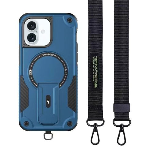 For iPhone 16 Case Compatible with MagSafe TPU+PC Kickstand Phone Cover with Strap - Royal Blue