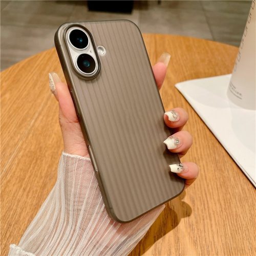 For iPhone 16 Case Corrugated Design Hard PC Phone Cover - Transparent Grey