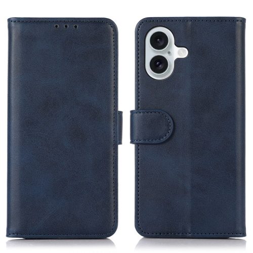 For iPhone 16 Case Cowhide Texture Leather Wallet Phone Cover with Magnetic Clasp - Blue