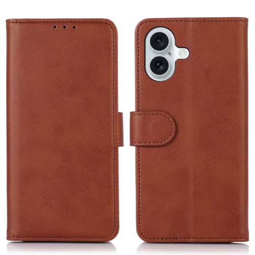 For iPhone 16 Case Cowhide Texture Leather Wallet Phone Cover with Magnetic Clasp - Brown