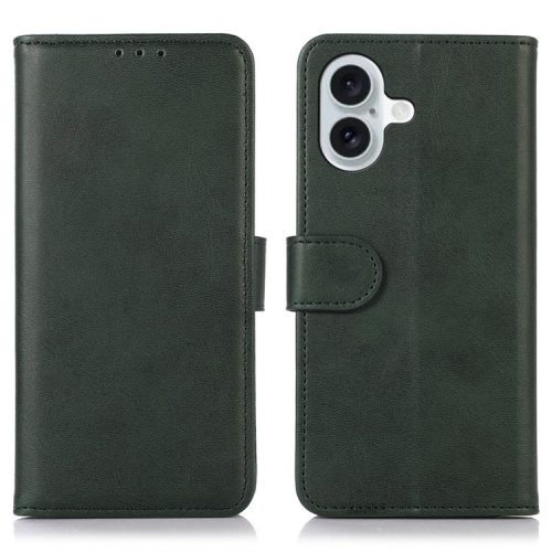 For iPhone 16 Case Cowhide Texture Leather Wallet Phone Cover with Magnetic Clasp - Green