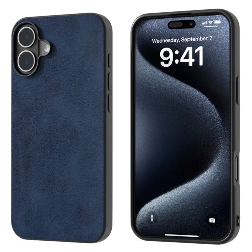 For iPhone 16 Case Cowhide Texture PU+TPU+PC Protective Phone Cover - Blue