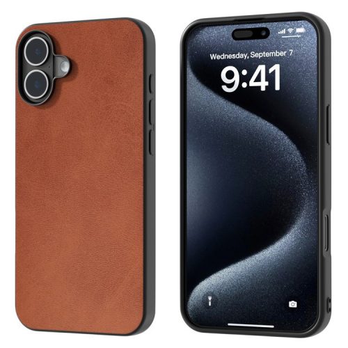 For iPhone 16 Case Cowhide Texture PU+TPU+PC Protective Phone Cover - Brown