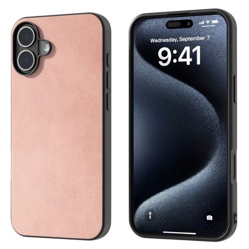 For iPhone 16 Case Cowhide Texture PU+TPU+PC Protective Phone Cover - Pink