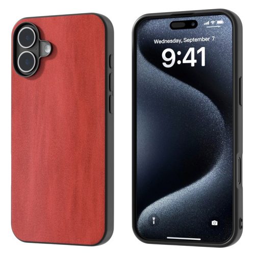 For iPhone 16 Case Cowhide Texture PU+TPU+PC Protective Phone Cover - Red