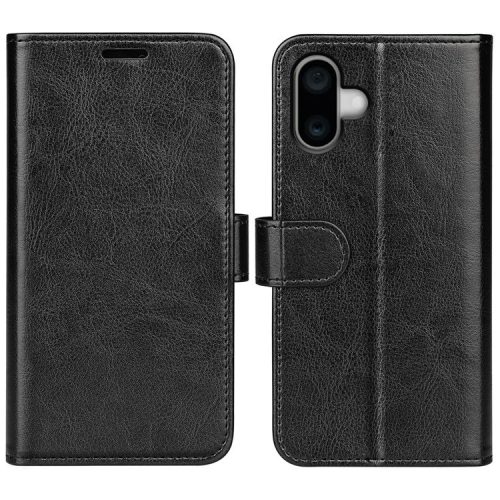 For iPhone 16 Case Crazy Horse Texture Leather Phone Cover Horizontal Viewing Stand - Black