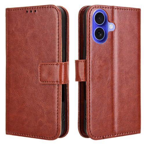 For iPhone 16 Case Crazy Horse Texture PU Leather Phone Wallet Cover - Brown