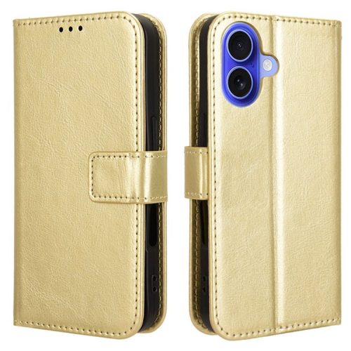 For iPhone 16 Case Crazy Horse Texture PU Leather Phone Wallet Cover - Gold