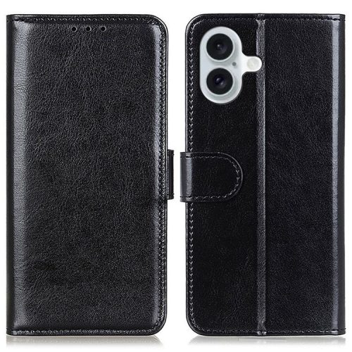 For iPhone 16 Case Crazy Horse Texture PU Leather Wallet Phone Cover - Black